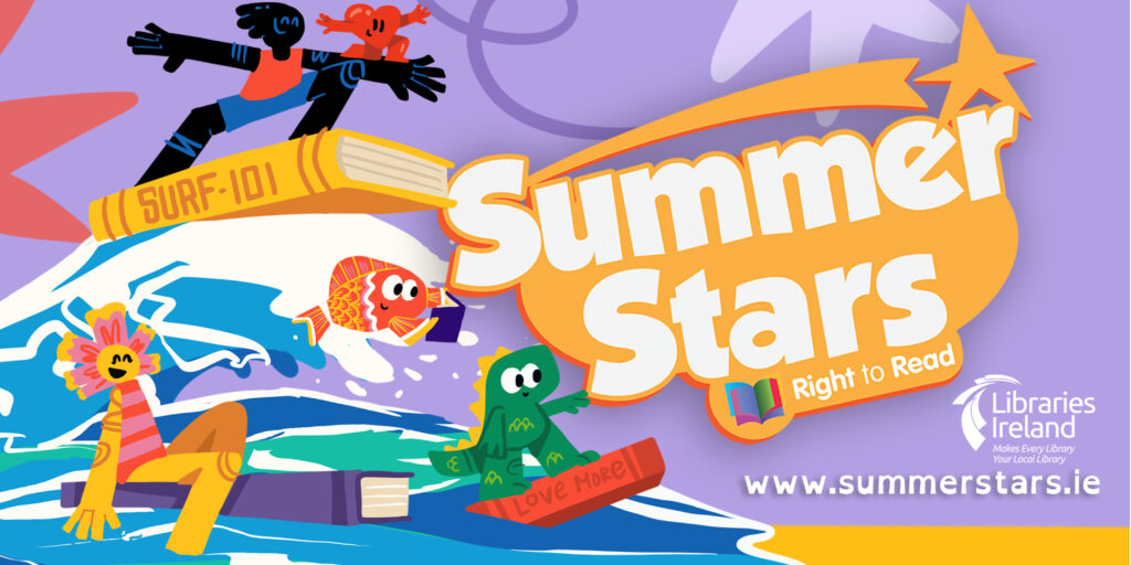 Image of colourful characters surfing towards a beach using books as surfboards. Also includes the Summer Stars Logo. 