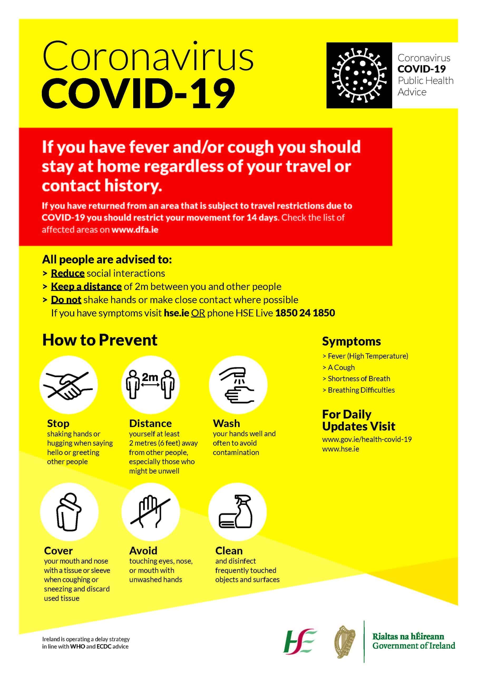 Coronavirus COVID19 Public Health Advice Update from the Department of