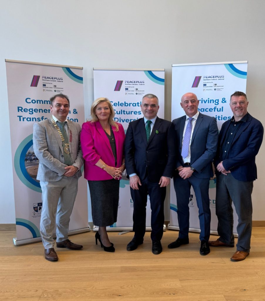 : Cathaoirleach MCC Councillor Paul Gibbons, Chief Executive of SEUPB Gina McIntyre, Minister Dara Calleary, CE MCC Robert Burns, Chair of PEACEPLUS Partnership Board Gareth McMahon