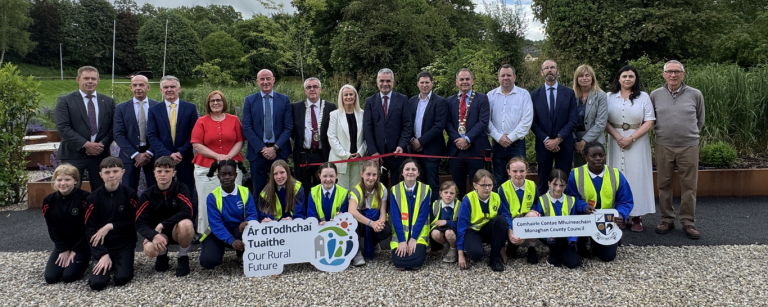 Front row: Students pictured from Scoil Rois & Bunscoil Lughaidh Naofa, Carrickmacross at the official opening of Cloughvalley Sensory Garden. Back row (left to right): Cathal Flynn, Director of Services, Monaghan County Council; Damien Thornton, Municipal District Co-ordinator, Carrickmacross-Castleblayney MD; Senator Robbie Gallagher; Emma Gollogly, President, Carrickmacross Chamber; Robert Burns, Chief Executive, Monaghan County Council; Cllr. PJ O’Hanlon, Cathaoirleach, Monaghan County Council; Minister Niamh Smyth, Minister of State at the Department of Enterprise, Tourism and Employment; Minister Dara Calleary, Minister for Rural and Community Development and the Gaeltacht; Matt Carthy TD; Cllr. Paul Gibbons, Cathaoirleach, Carrickmacross-Castleblayney MD; Cllr. Peter Conlon; Cllr. Aidan Campbell; Nicola Payne, Senior Executive Officer, Monaghan County Council; Nadine Casey, Assistant Staff Officer, Carrickmacross-Castleblayney MD; Andrew Spare, Carrickmacross Tidy Towns.