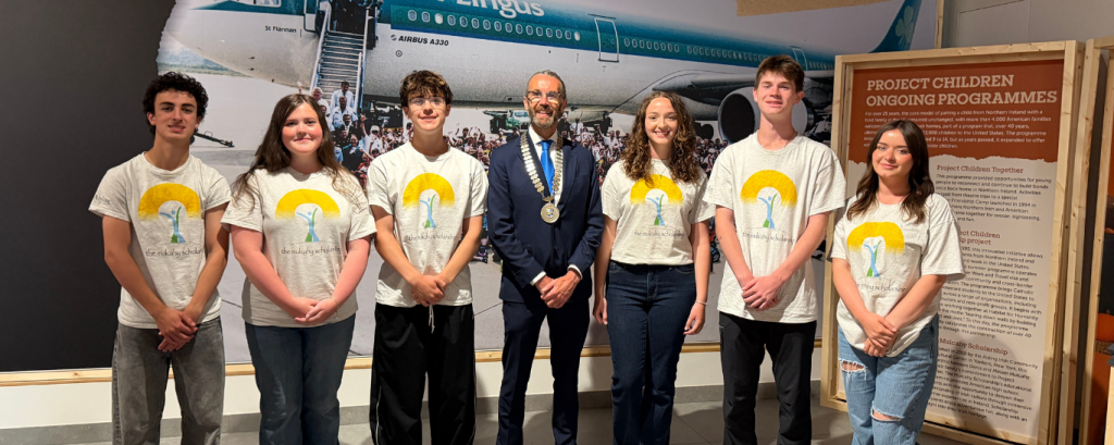 Cathaoirleach Cllr Aidan Campbell with students visiting Monaghan on the Mulcahey Scholarship