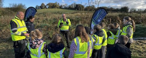 Michael Carroll, Horticulturist, Monaghan County Council; Sinead McKinley and Ruairi Duffy, Monaghan County Council; with pupils from Annyalla National School and Clontibret National School, who helped plant specimen trees to mark the completion of the woodland creation project at Scotch Corner